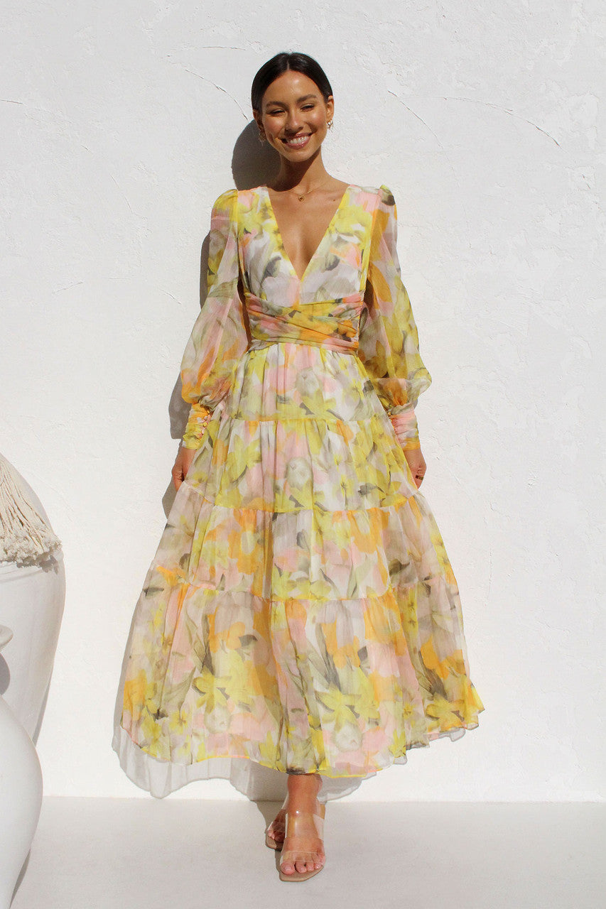 Casual Gedrukt Jurk - Lange Mouwen V-hals & Swing Rok Ontwerp