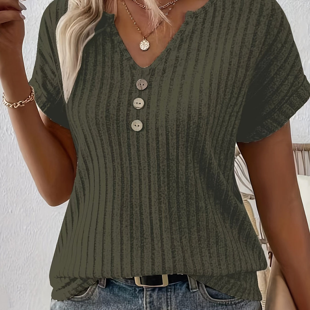 Casual Gestreept T-Shirt – V-Hals Ontwerp & Knoopsluiting