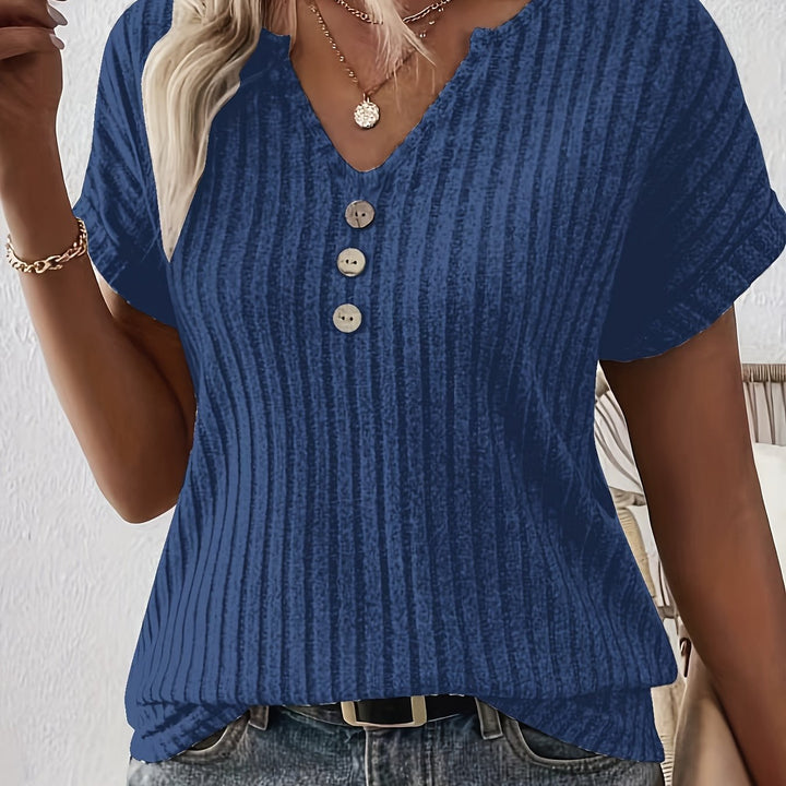 Casual Gestreept T-Shirt – V-Hals Ontwerp & Knoopsluiting
