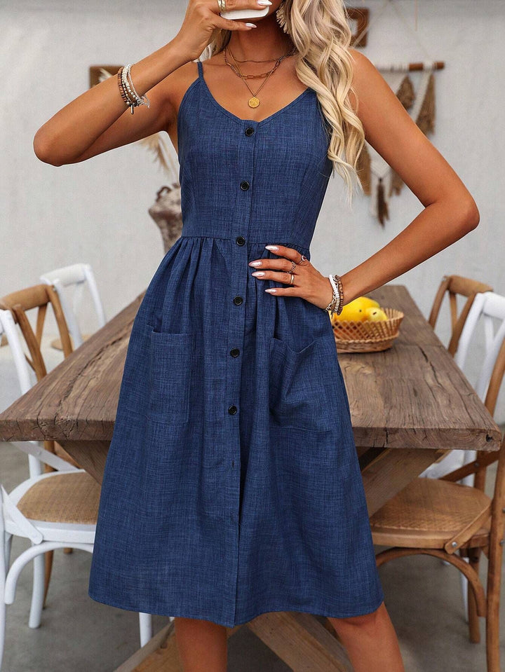 Casual Katoenmix Jurk – Spaghettibandjes & Praktische Zakken