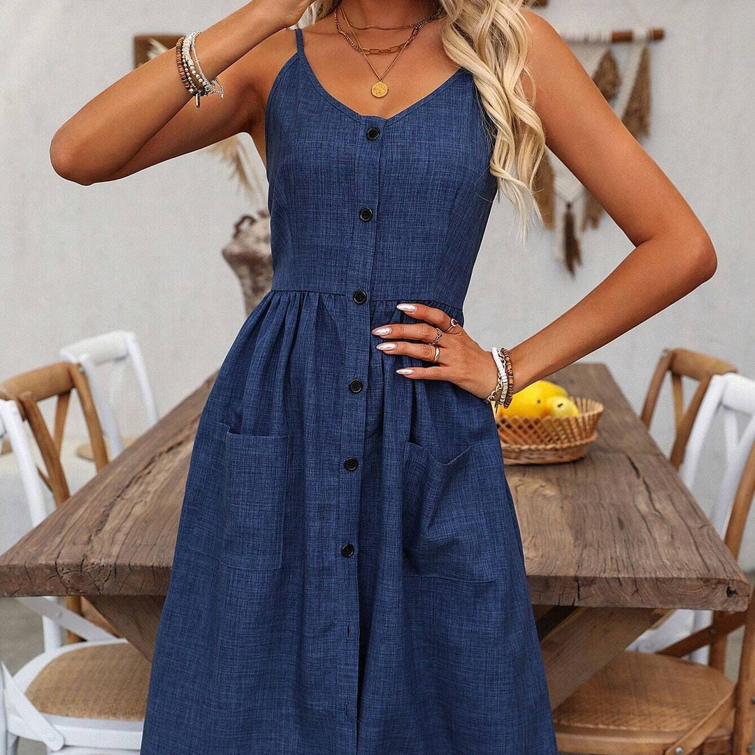 Casual Katoenmix Jurk – Spaghettibandjes & Praktische Zakken