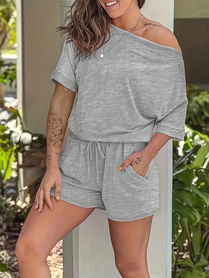 Casual Kleding Set – Één-Schouder Top & Flexibele Korte Broek