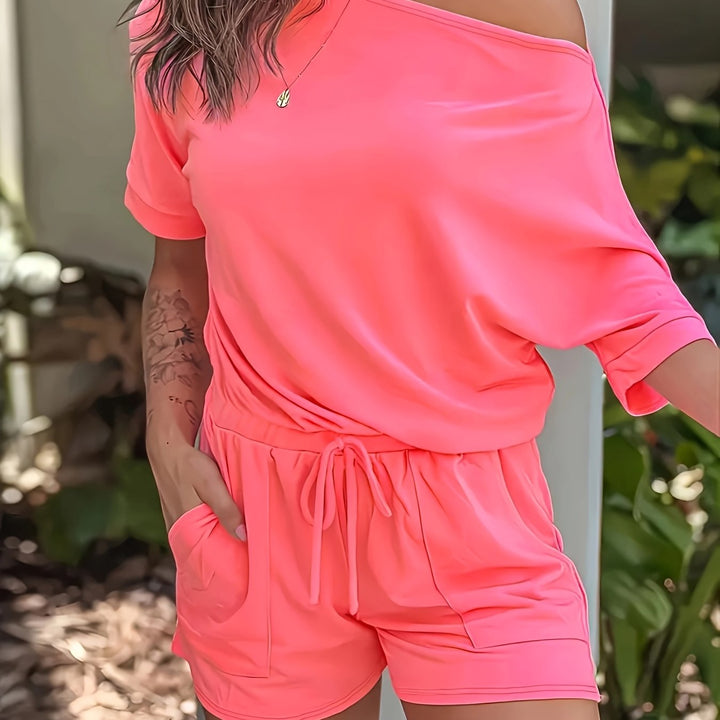 Casual Kleding Set – Één-Schouder Top & Flexibele Korte Broek