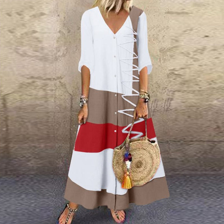 Casual Maxi-jurk - Kleurblok Ontwerp & Knopsluiting