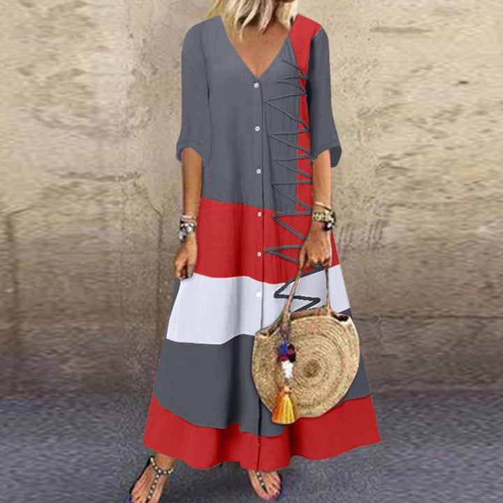 Casual Maxi-jurk - Kleurblok Ontwerp & Knopsluiting