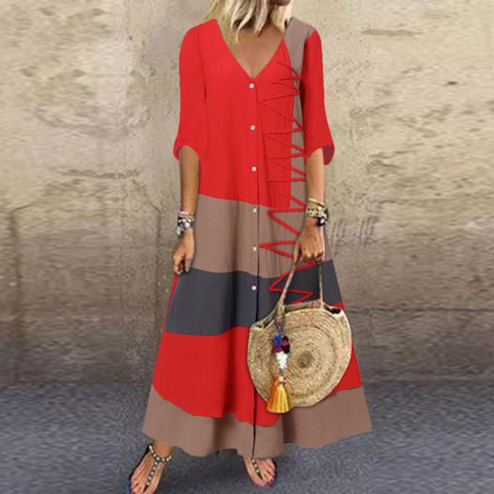 Casual Maxi-jurk - Kleurblok Ontwerp & Knopsluiting
