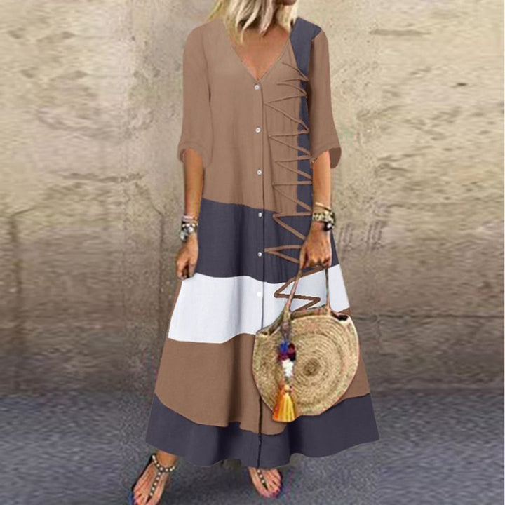 Casual Maxi-jurk - Kleurblok Ontwerp & Knopsluiting