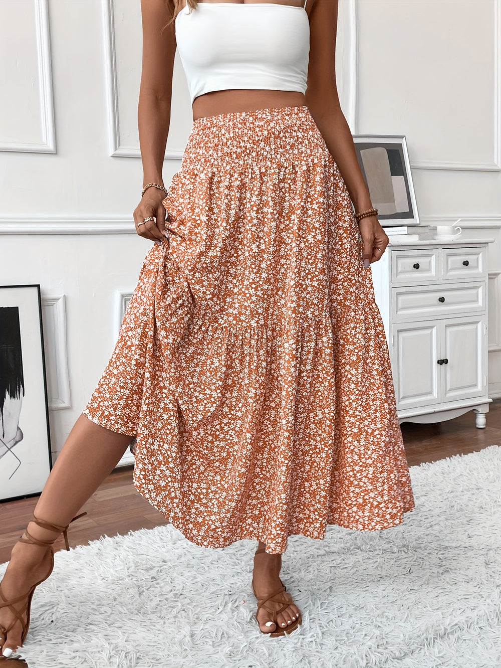 Casual Rok – Elastische Taille & Uitlopende Zoom met Bloemenprint