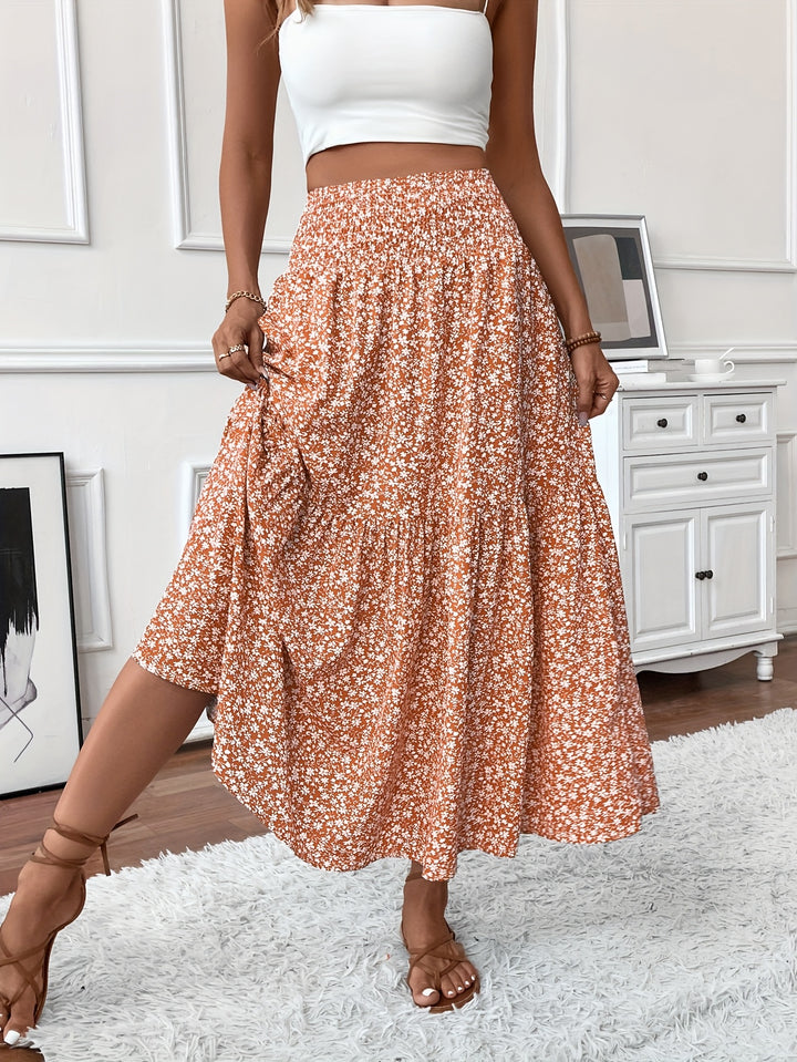 Casual Rok – Elastische Taille & Uitlopende Zoom met Bloemenprint