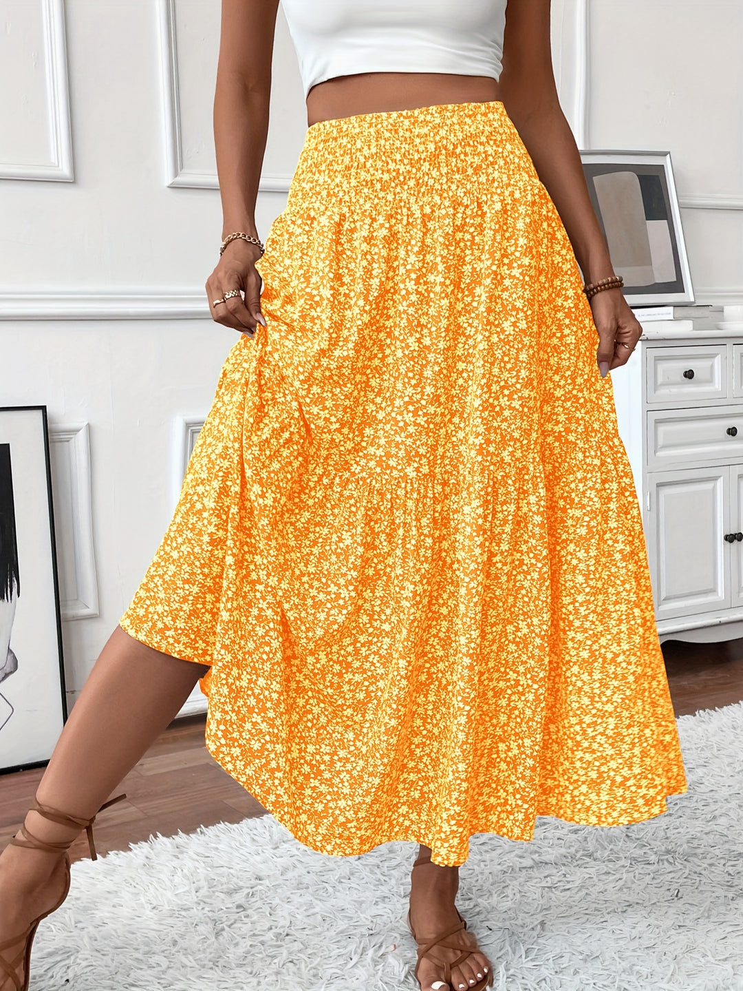 Casual Rok – Elastische Taille & Uitlopende Zoom met Bloemenprint