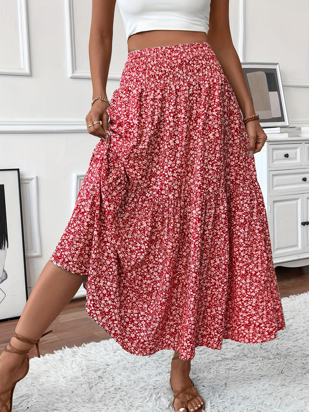 Casual Rok – Elastische Taille & Uitlopende Zoom met Bloemenprint