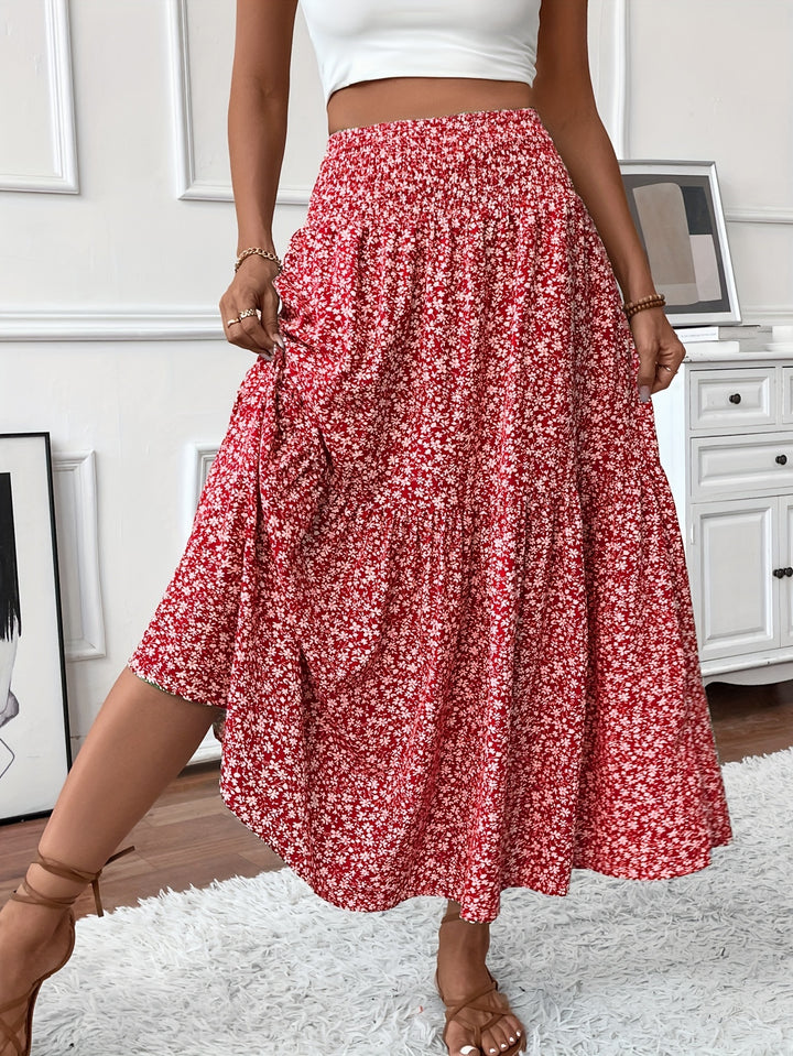 Casual Rok – Elastische Taille & Uitlopende Zoom met Bloemenprint