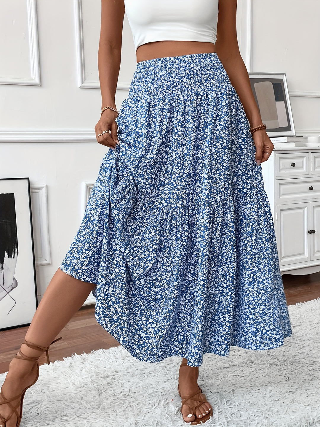 Casual Rok – Elastische Taille & Uitlopende Zoom met Bloemenprint