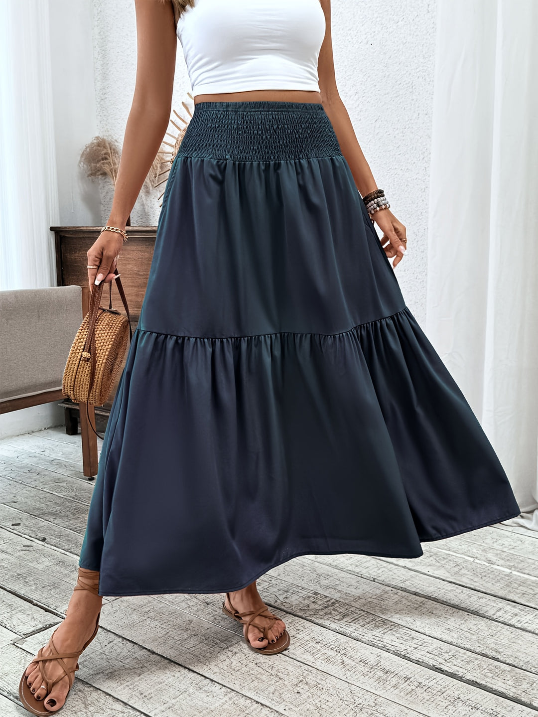 Casual Rok – Elastische Taille & Uitlopende Zoom met Bloemenprint