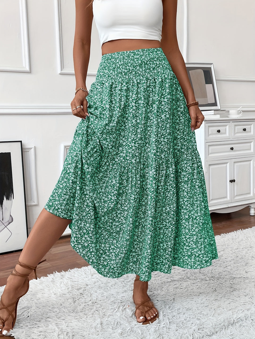 Casual Rok – Elastische Taille & Uitlopende Zoom met Bloemenprint