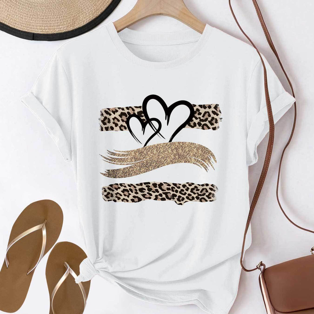 Casual T-shirt – Korte Mouw & Luipaardprint met Hartengrafiek