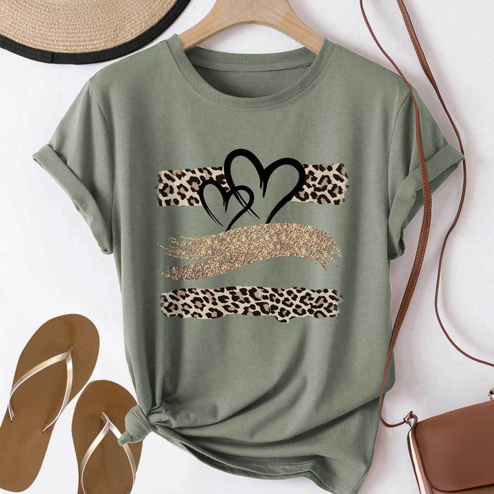 Casual T-shirt – Korte Mouw & Luipaardprint met Hartengrafiek