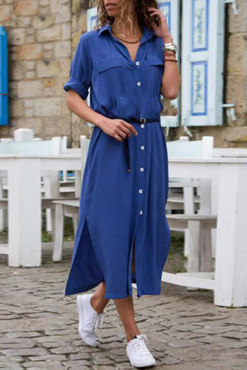 Cattleya - Casual overhemdjurk met omgeslagen kraag en effen patchwork