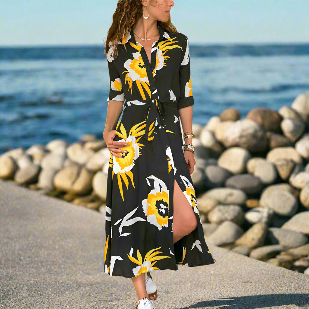 Chiffon Jurk - Bloemenprint & A-Lijn Ontwerp met V-Hals