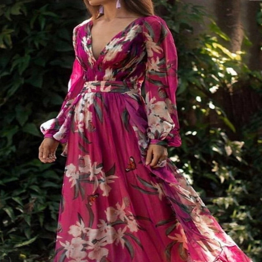 Chiffon Jurk - V-Hals & Lange Rok