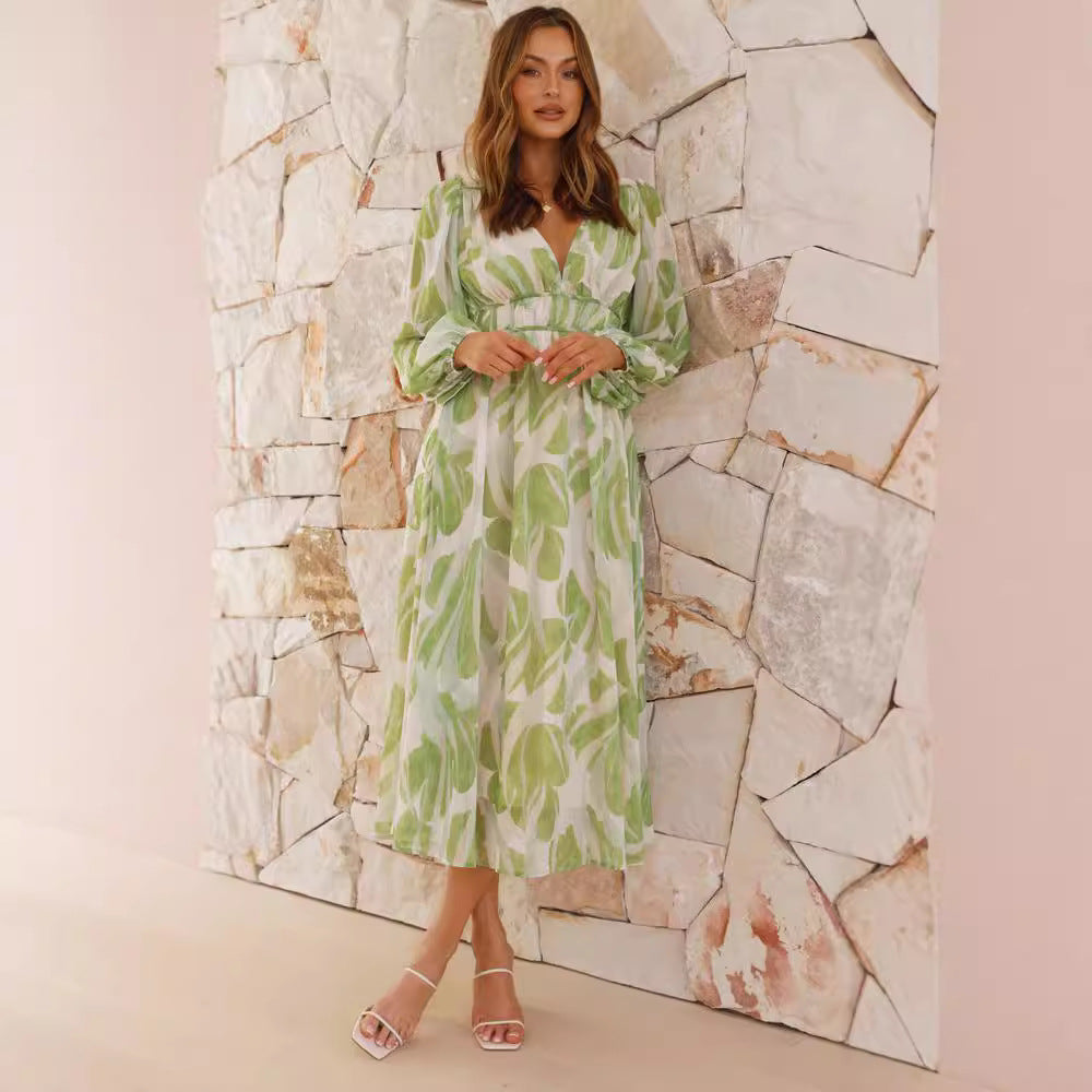 Chiffon Jurk – V-hals & Flexibele Pasvorm met Asymmetrische Rok