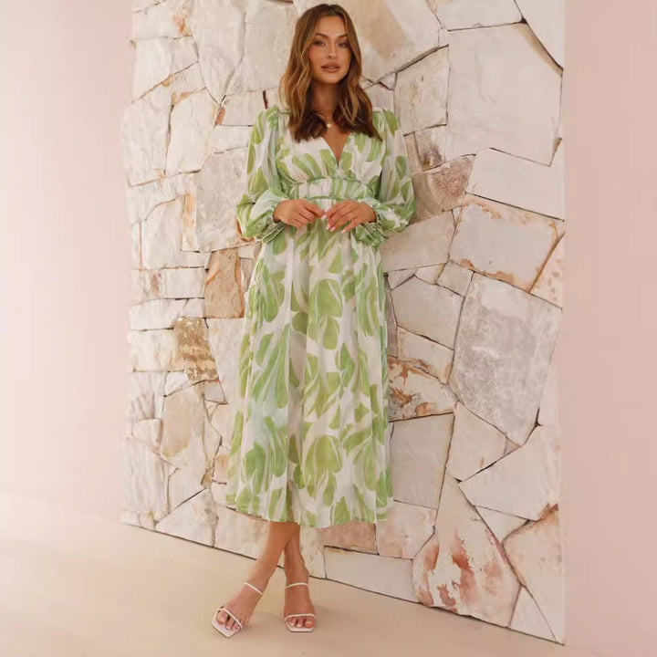 Chiffon Jurk – V-hals & Flexibele Pasvorm met Asymmetrische Rok