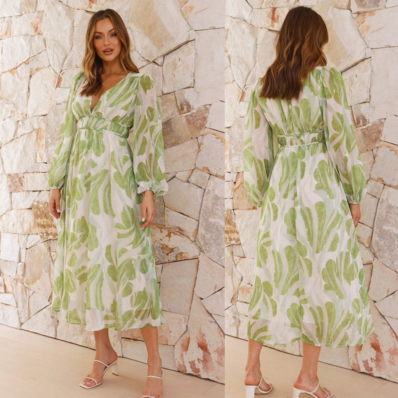 Chiffon Jurk – V-hals & Flexibele Pasvorm met Asymmetrische Rok
