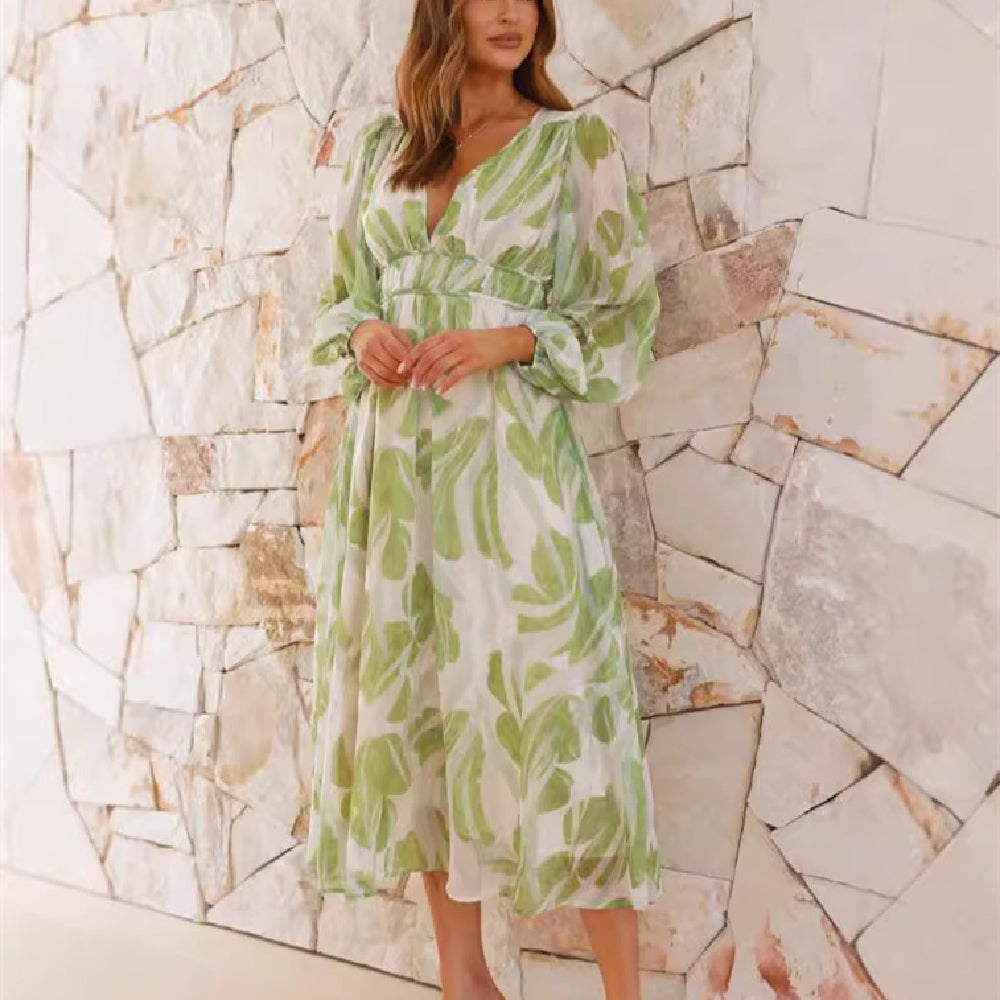 Chiffon Jurk – V-hals & Flexibele Pasvorm met Asymmetrische Rok
