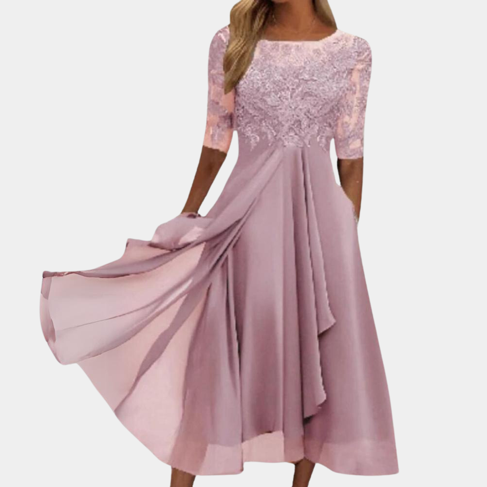 Chiffon Midi Jurk - Gestikt Lijfje & Doorzichtige Mouwen