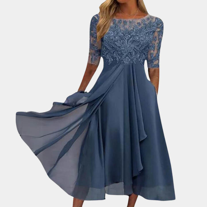 Chiffon Midi Jurk - Gestikt Lijfje & Doorzichtige Mouwen