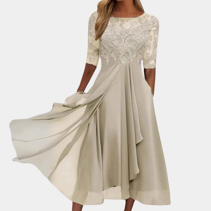 Chiffon Midi Jurk - Gestikt Lijfje & Doorzichtige Mouwen