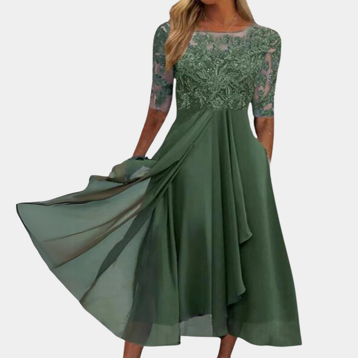 Chiffon Midi Jurk - Gestikt Lijfje & Doorzichtige Mouwen
