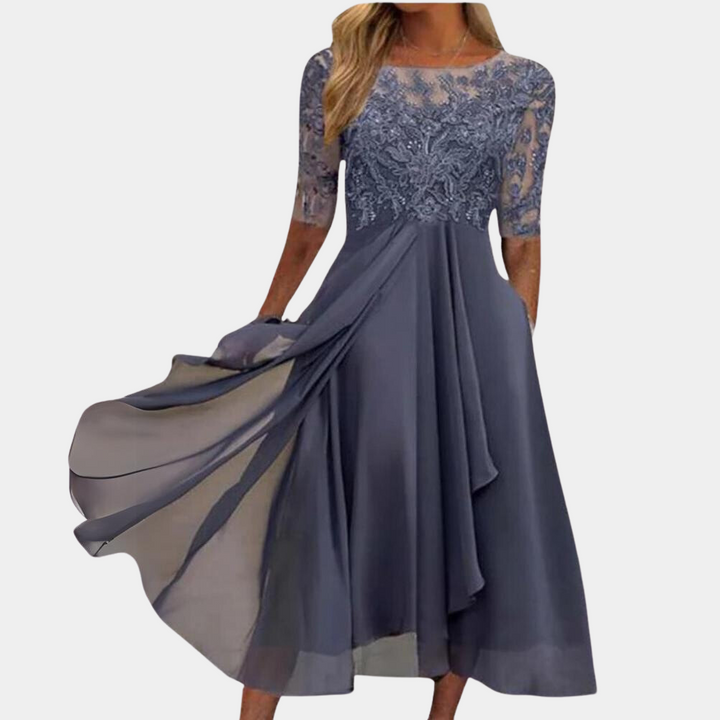 Chiffon Midi Jurk - Gestikt Lijfje & Doorzichtige Mouwen