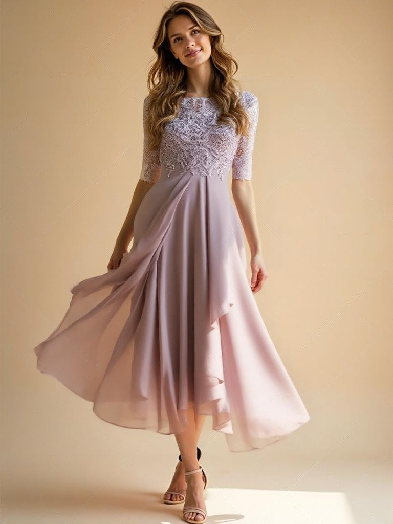Chiffon Midi Jurk - Gestikt Lijfje & Doorzichtige Mouwen