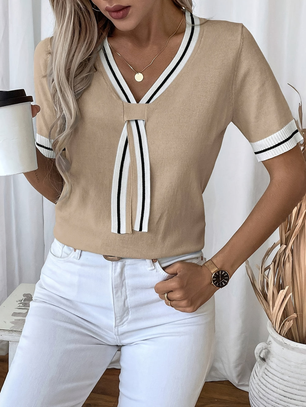 Chique V-hals Pullover Top - Color Block Design & Flexibele pasvorm