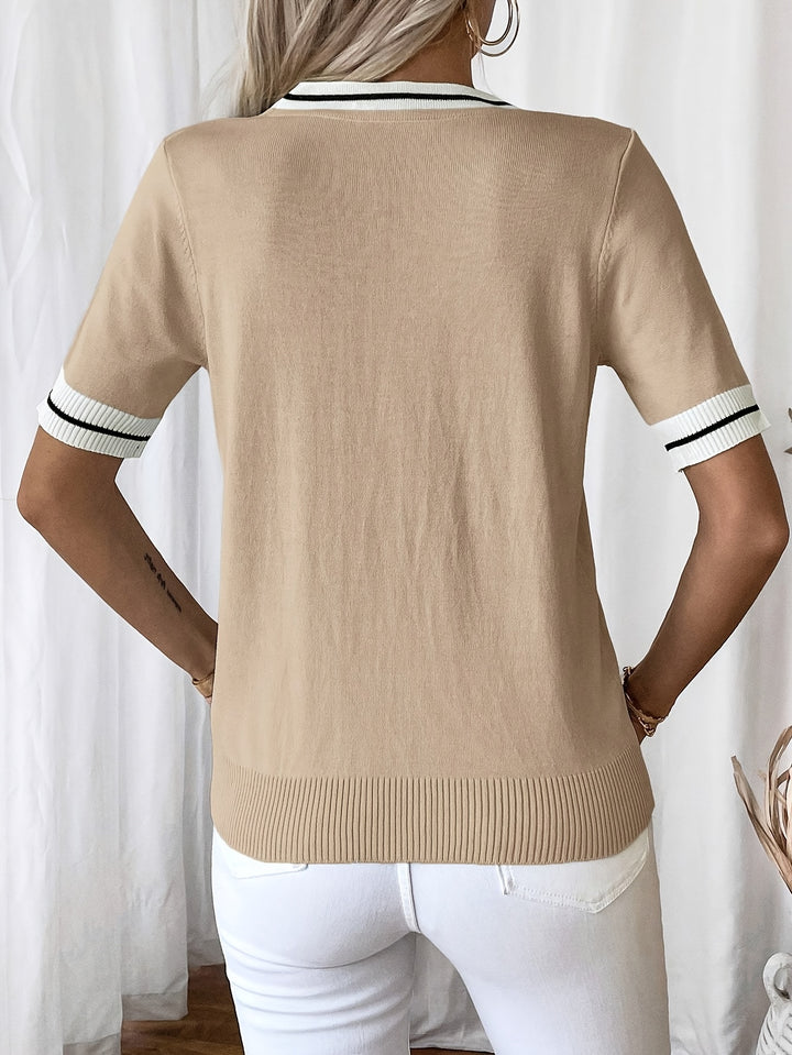 Chique V-hals Pullover Top - Color Block Design & Flexibele pasvorm