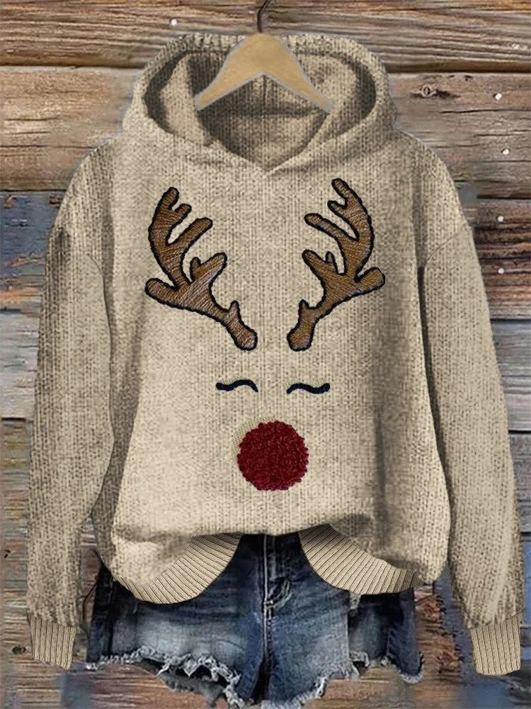Daria - Comfortabele gebreide hoodie met kerst rendier borduurwerk