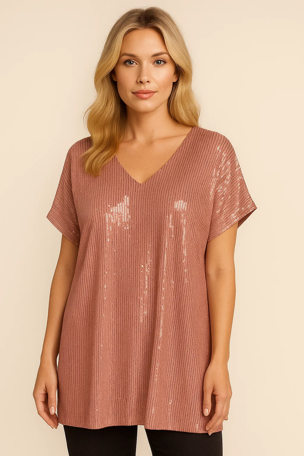 Demetria - Pailletten V-Hals T-shirt