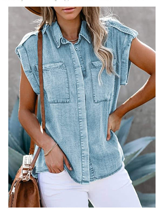 Denim Blouse – Mouwloos Ontwerp & Rechte Zakken
