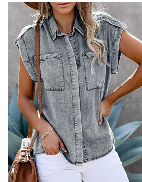 Denim Blouse – Mouwloos Ontwerp & Rechte Zakken