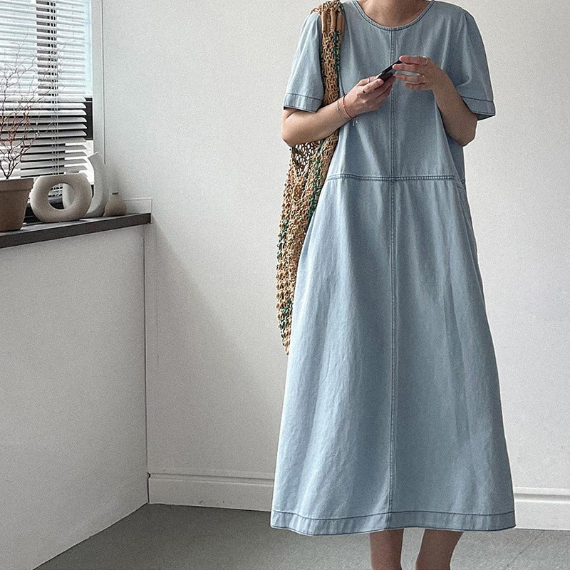 Denim Jurk - A-lijn Rok & Ronde Hals Ontwerp met Zijzakken