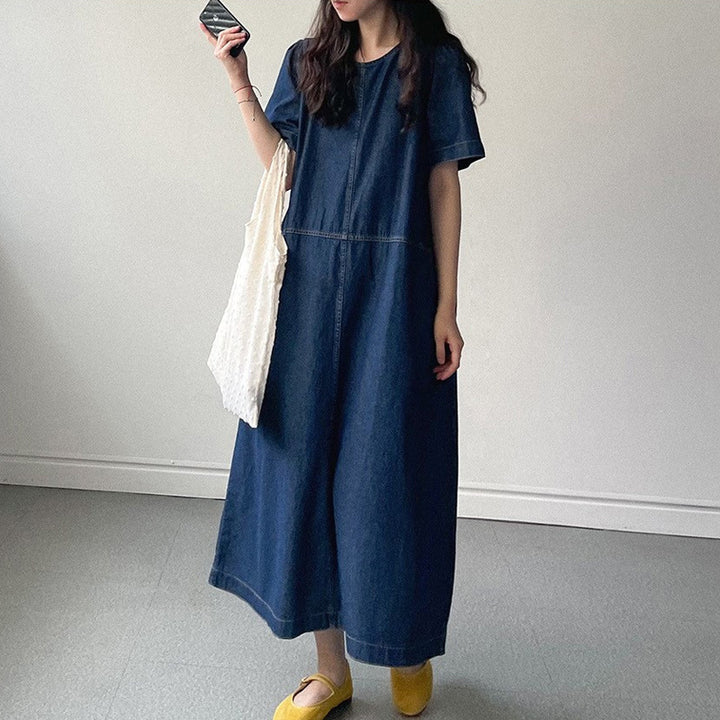 Denim Jurk - A-lijn Rok & Ronde Hals Ontwerp met Zijzakken