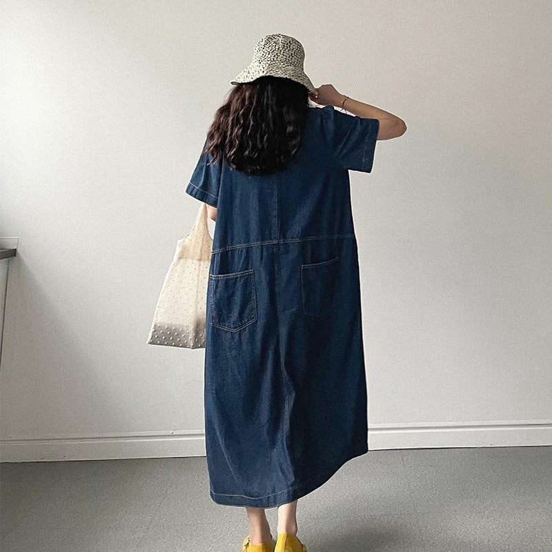 Denim Jurk - A-lijn Rok & Ronde Hals Ontwerp met Zijzakken