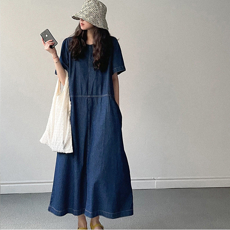 Denim Jurk - A-lijn Rok & Ronde Hals Ontwerp met Zijzakken