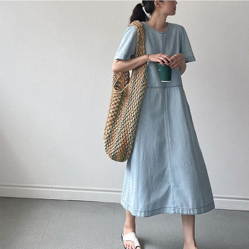 Denim Jurk - A-lijn Rok & Ronde Hals Ontwerp met Zijzakken