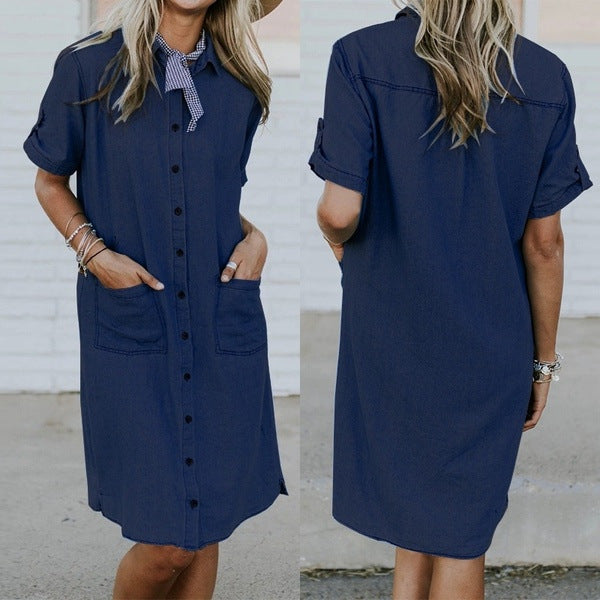 Denim Jurk – Effen Kleur & Handige Zakken