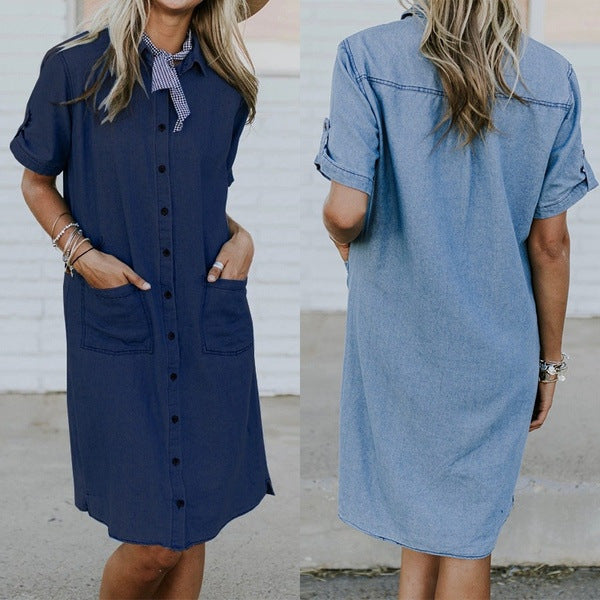 Denim Jurk – Effen Kleur & Handige Zakken