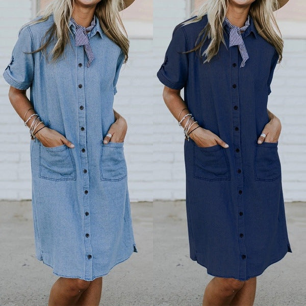 Denim Jurk – Effen Kleur & Handige Zakken