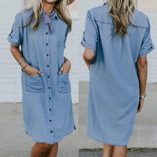 Denim Jurk – Effen Kleur & Handige Zakken