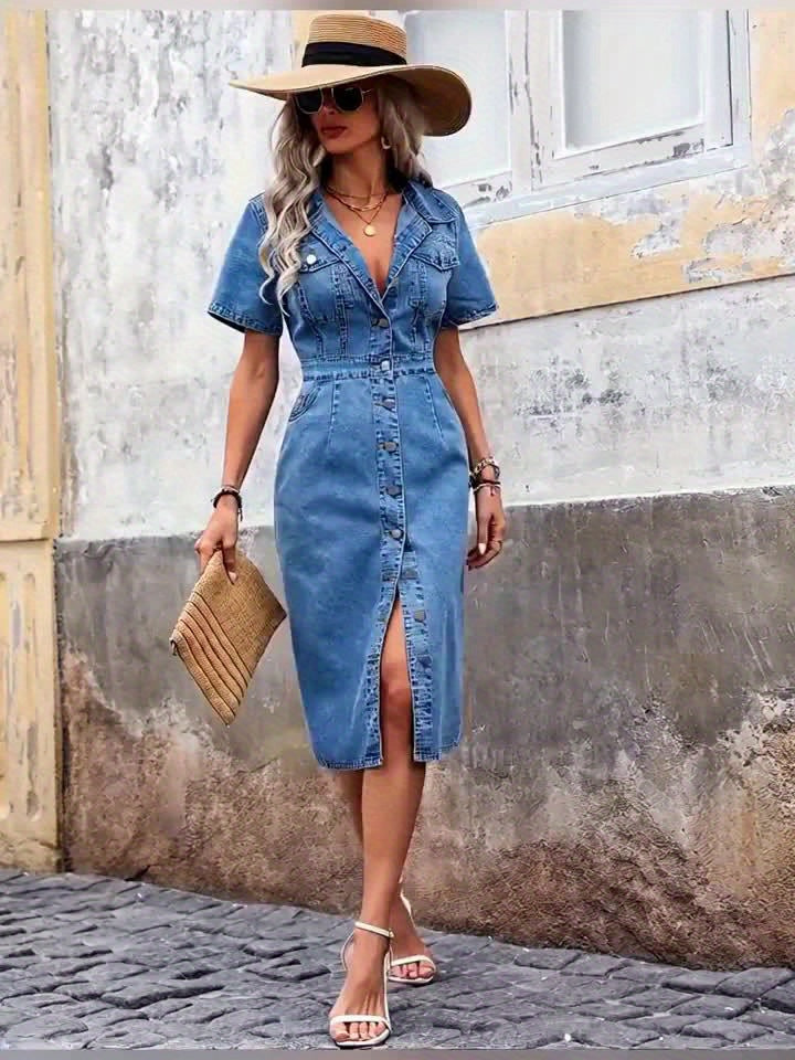 Denim Jurk – Korte Mouwen & Knoopsluiting Aan De Voorkant